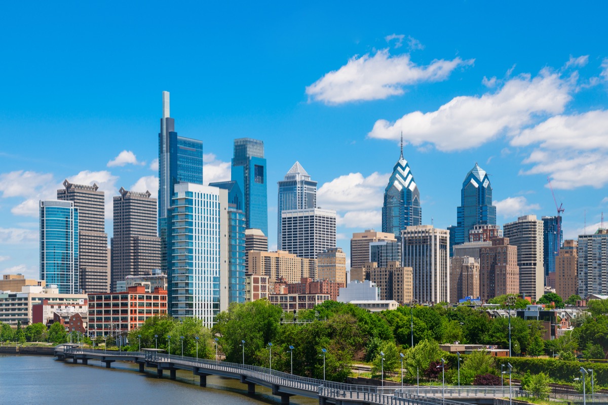Philadelphia downtown skyline with blue sky and white cloud