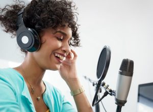 Woman creating a podcast