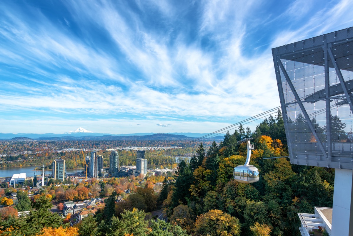 Portland Aerial Tram with a view of Portland, Oregon with Mt. Hood in the background