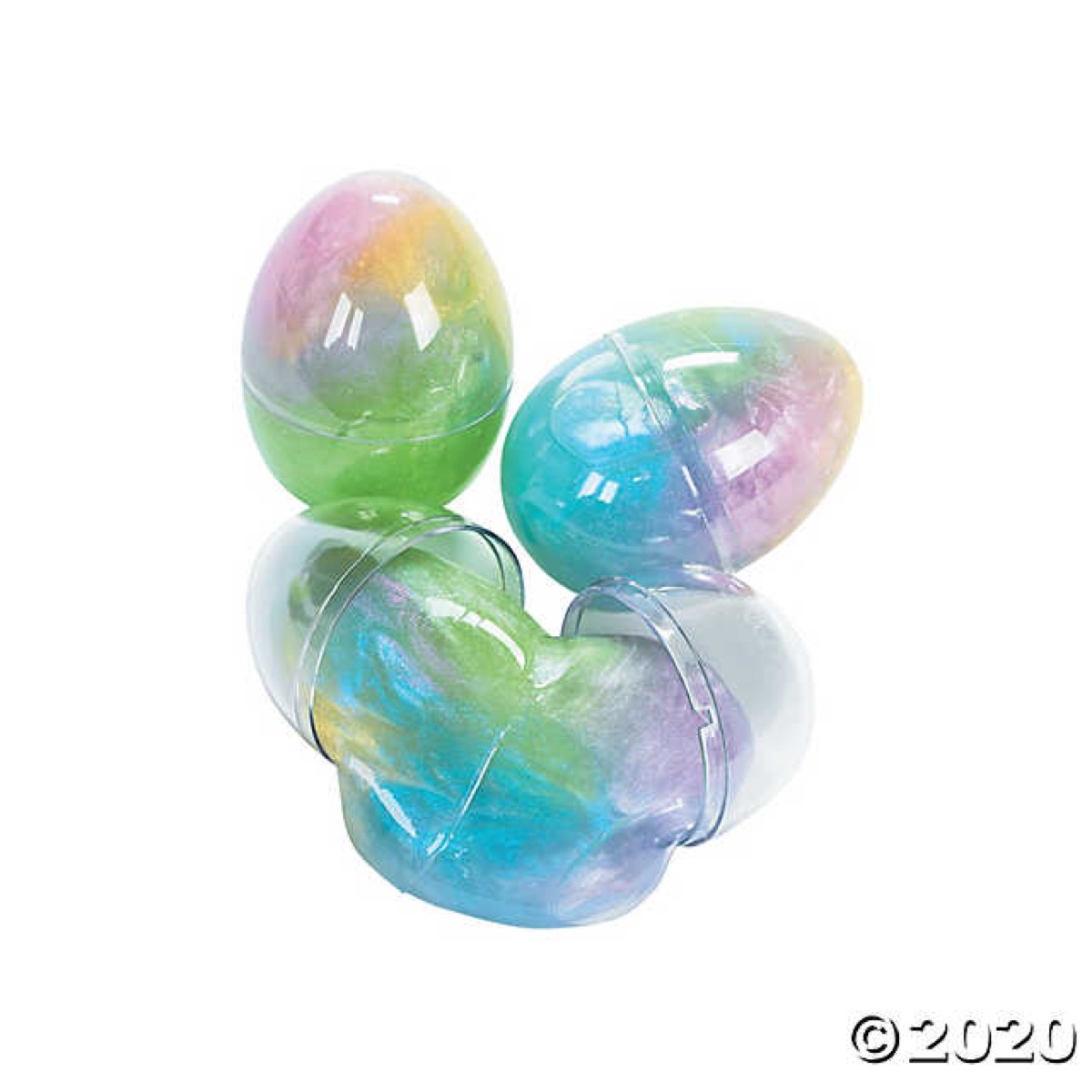 stack of glittery eggs with slime in them