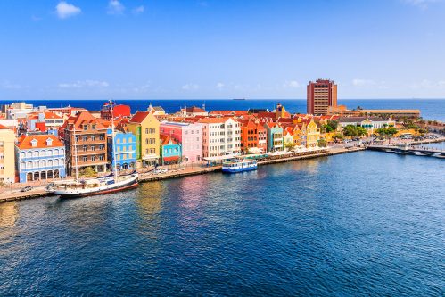 aerial view of the colorful waterfront buildings in downtown willemstad, curacao