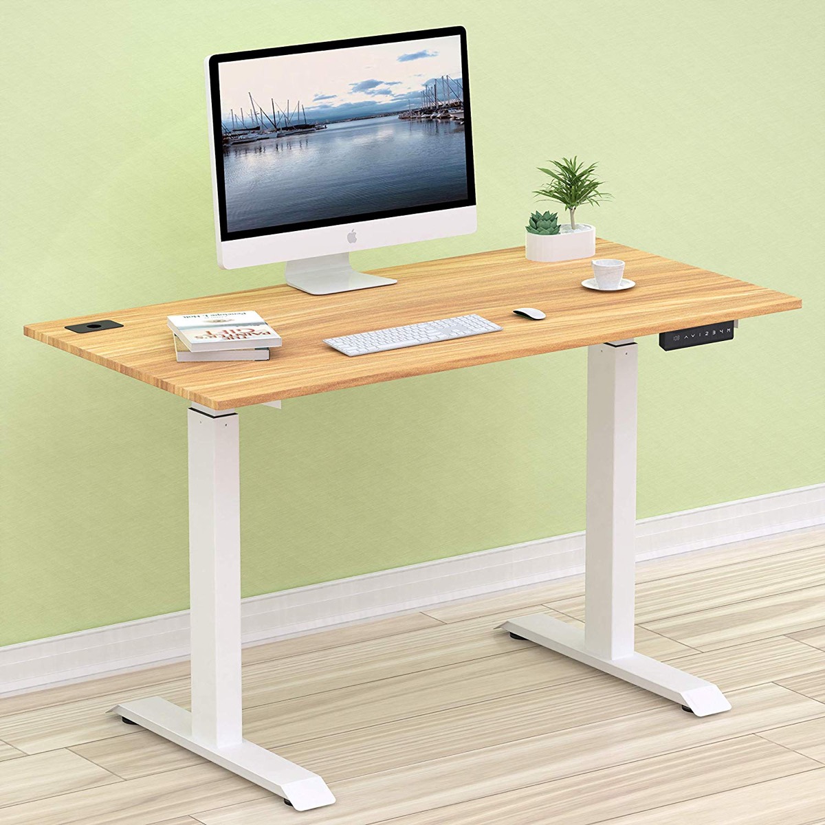 white standing desk with wood top