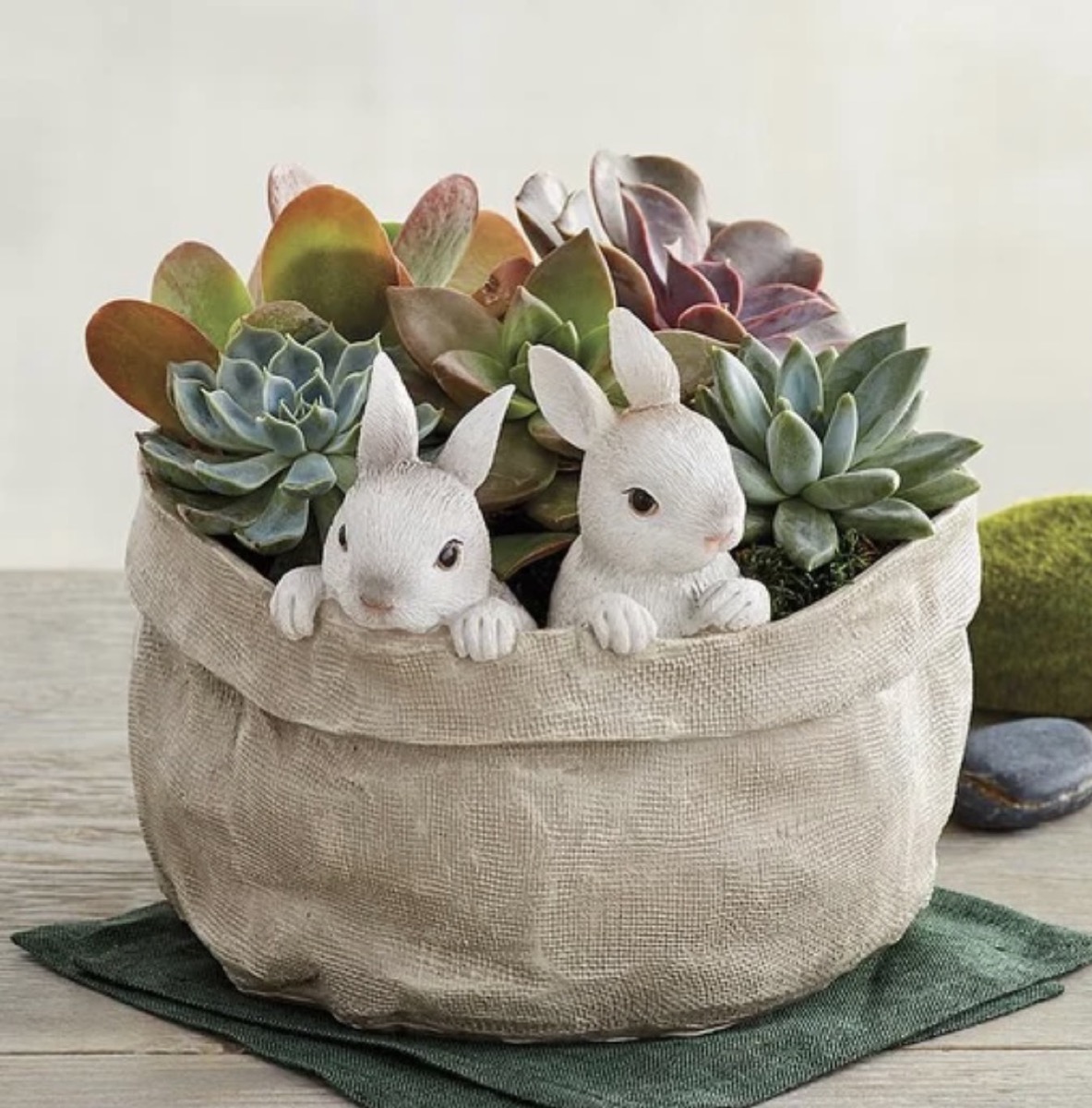 brown basket of succulents with two bunny figures in it
