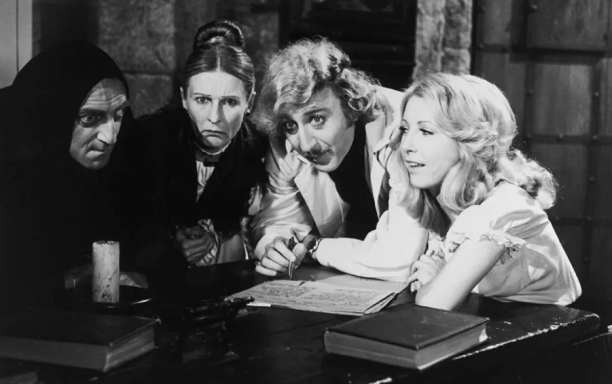 Marty Feldman, Cloris Leachman, Gene Wilder, and Teri Garr in Young Frankenstein