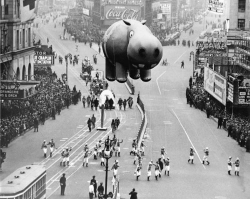 black and white photo of macy's thanksgiving day parade in 1940
