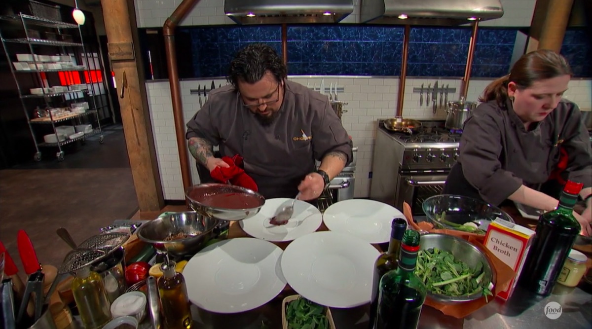 Two chef contestants compete in an episode of Chopped