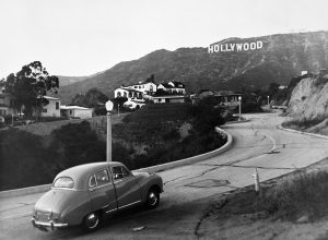 black and white photo of the hollywood sign in the 1950s