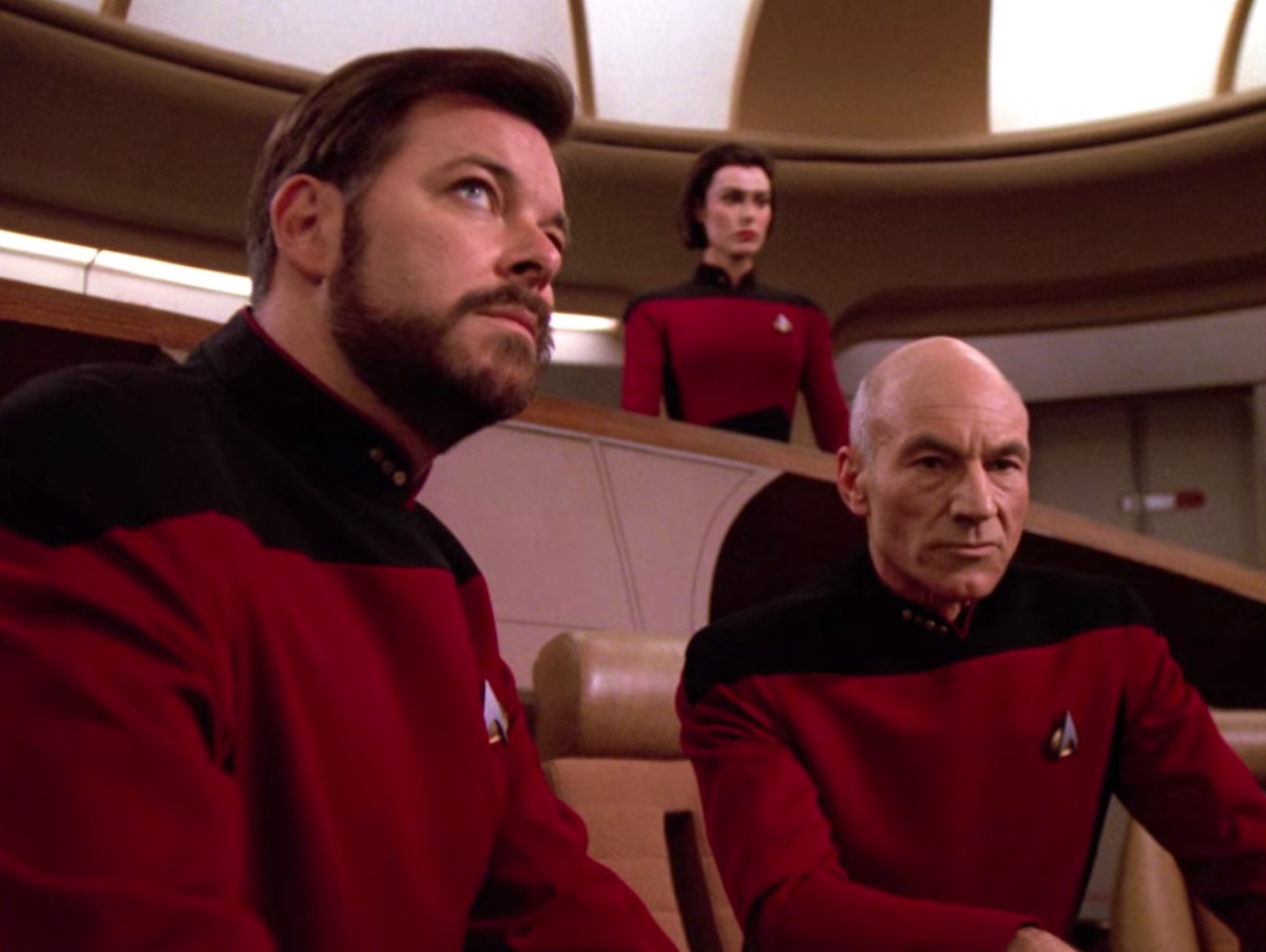 Jonathan Frakes and Patrick Stewart in Star Wars: The Next Generation