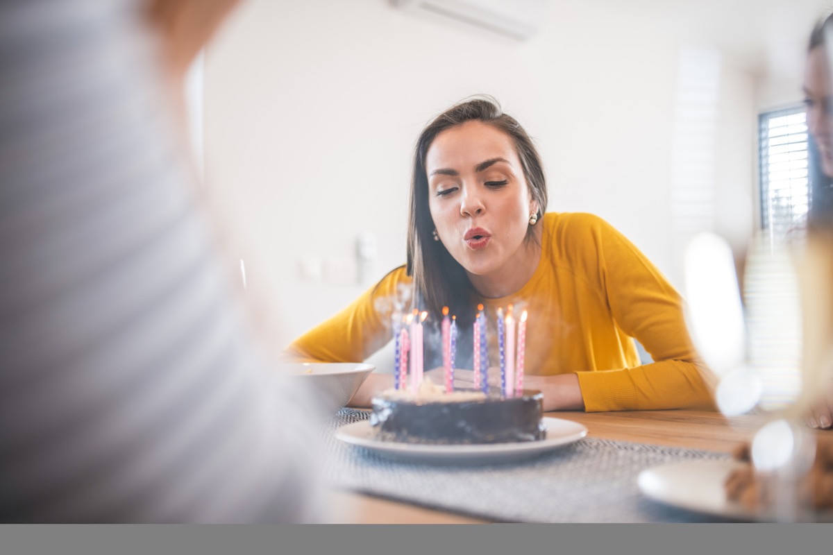 Beautiful young woman blowing candles on cake at dining table. Females are celebrating birthday party of friend. They are at home.