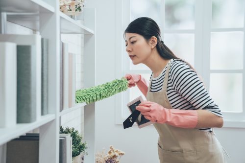 Woman dusting shelves