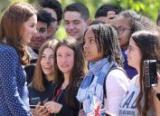 Kate Middleton, Duchess of Cambridge seen meeting schoolchildren as she arrives to visit the D-Day exhibition at Bletchley Park, England in May 2019