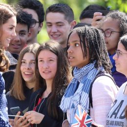 Kate Middleton, Duchess of Cambridge seen meeting schoolchildren as she arrives to visit the D-Day exhibition at Bletchley Park, England in May 2019