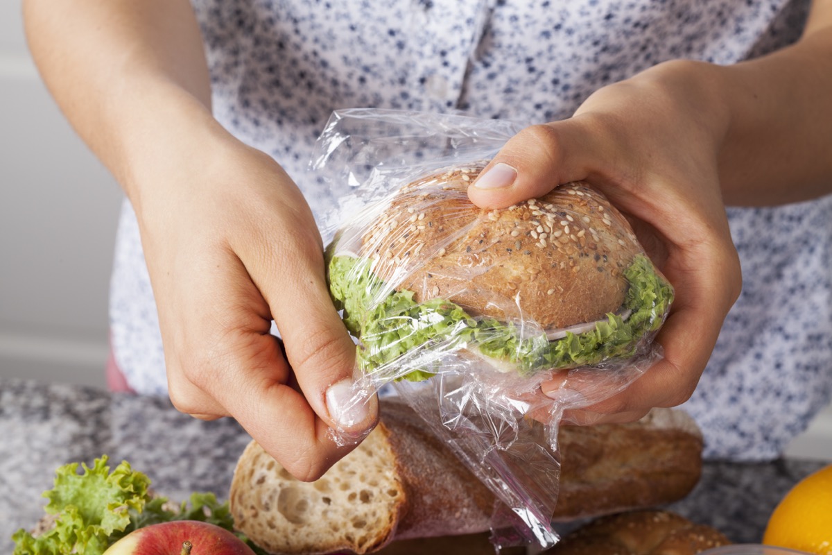 Plastic wrap on sandwich