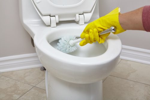 white hand cleaning toilet with toilet brush