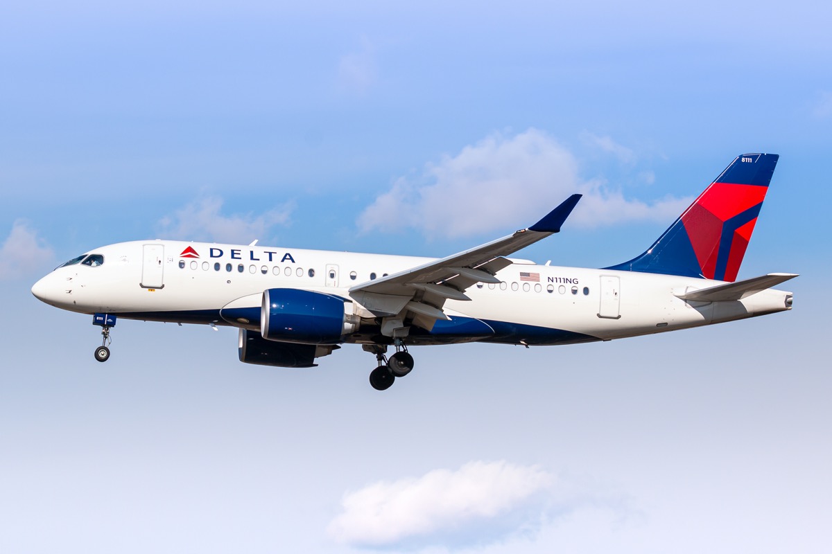 Delta Air Lines A220-100 airplane in the sky