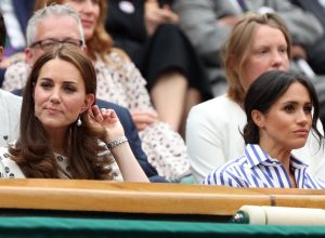 Kate (Catherine Middleton) Duchess of Cambridge and Meghan Markle, Duchess of Sussex at Wimbledon in 2018