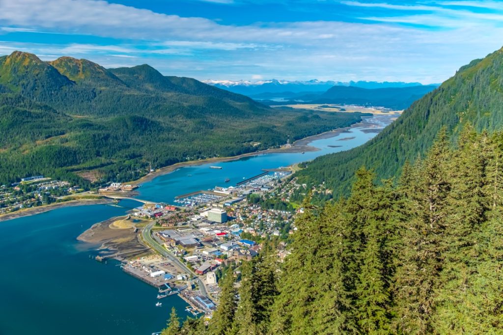 An aerial view of Juneau and the Gastineau Channel from Mount Roberts.