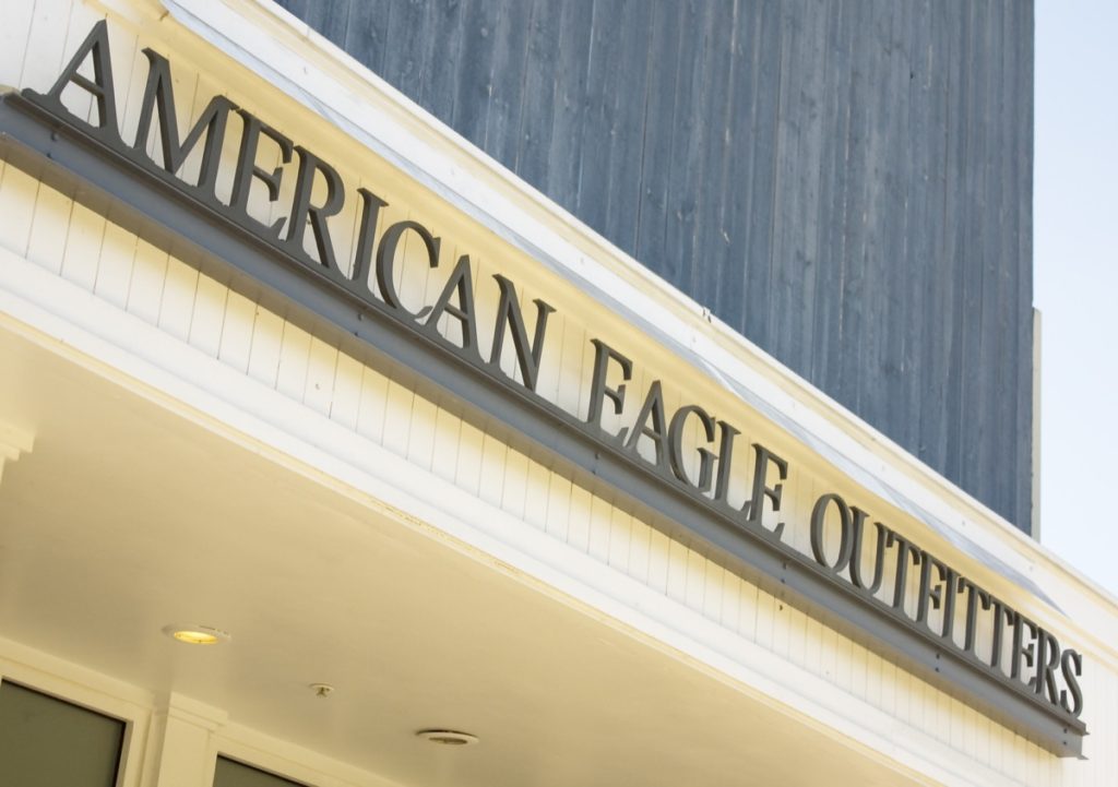 The exterior of the American Eagle Outfitters store.  Based in Pittsburgh, PA, it is a well-known clothing and accessories retailer.