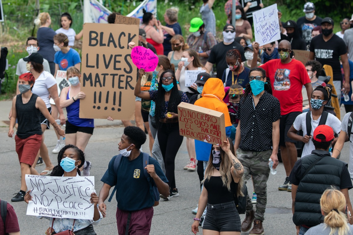 marchers at black lives matter BLM protest for George Floyd in Minneapolis, Minnesota