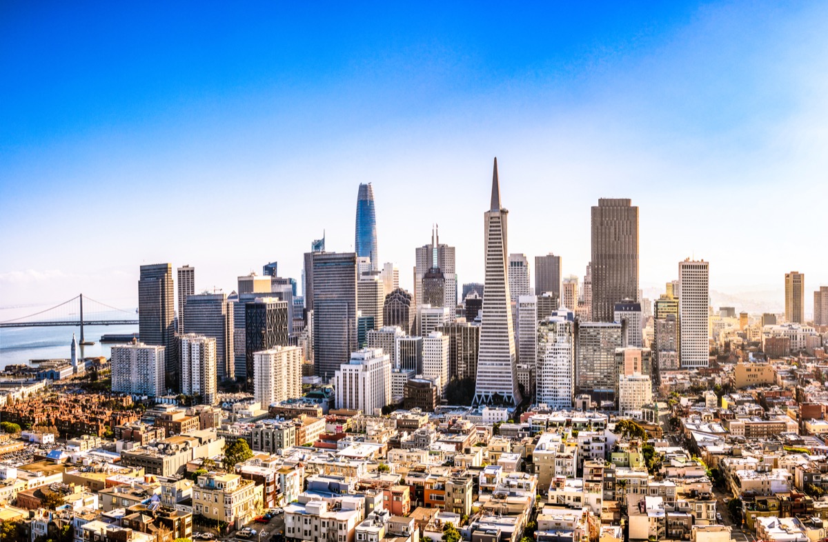 Vedere în unghi înalt a cartierului de afaceri San Francisco într-o zi însorită.