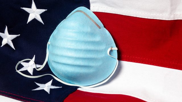 Respiratory mask with the USA flag in the background