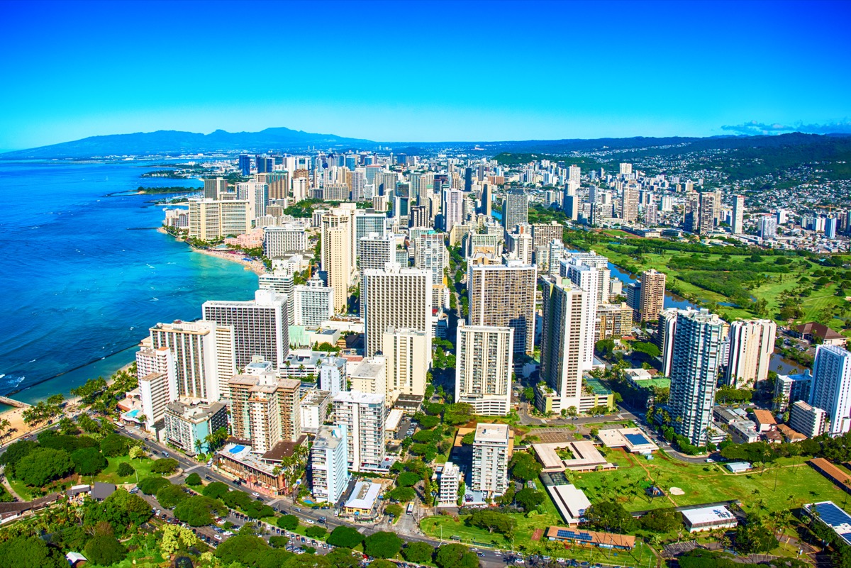 Wide angle aerial view of the Waikiki area of Honolulu, Hawaii shot from an altitude of about 1000 feet.