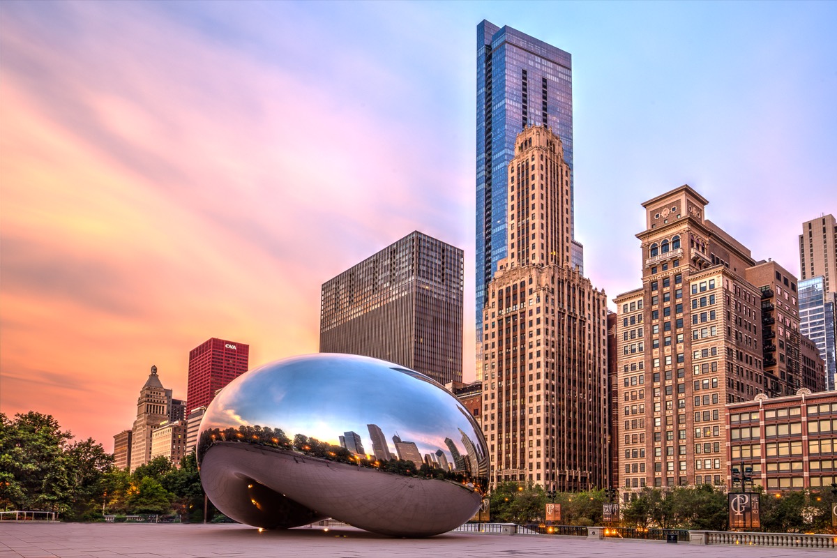Chicago, USA - July 2015: The sculpture "Cloud Gate" also nicknamed "The Bean," located in Millennium Park, Chicago, Illinois. Sculpture was created by Anish Kapoor.