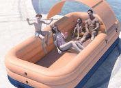 family in covered inflatable pool