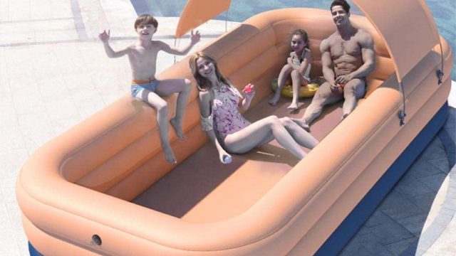family in covered inflatable pool