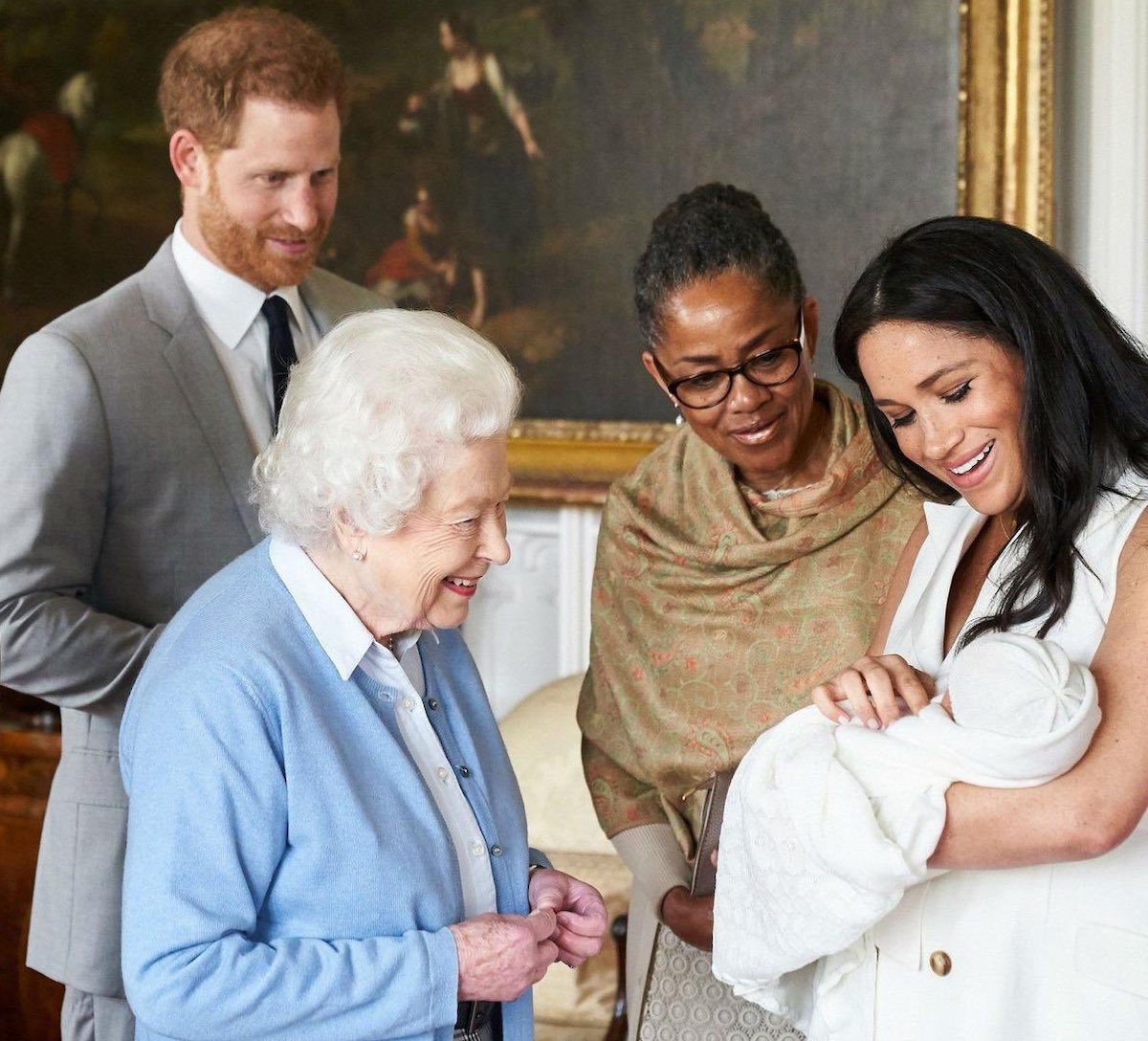 queen elizabeth, prince harry, meghan markle, and doria ragland with baby archie
