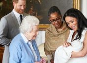 queen elizabeth, prince harry, meghan markle, and doria ragland with baby archie