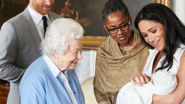 queen elizabeth, prince harry, meghan markle, and doria ragland with baby archie