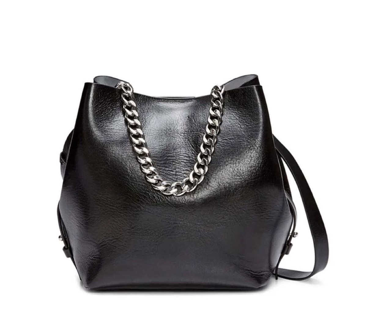 black bucket bag with silver chain