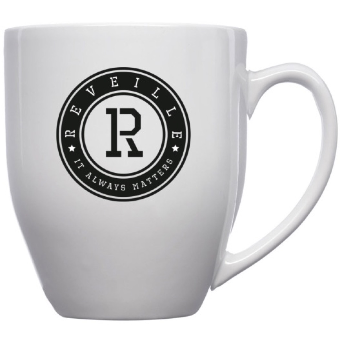 white mug with reveille trading company on it