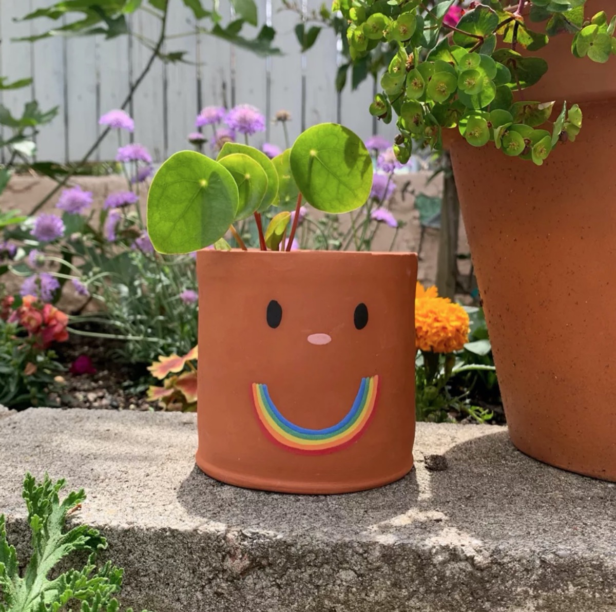 terra cotta planter with rainbow smiley face