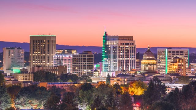 The skyline of downtown Boise, Idaho at twilight