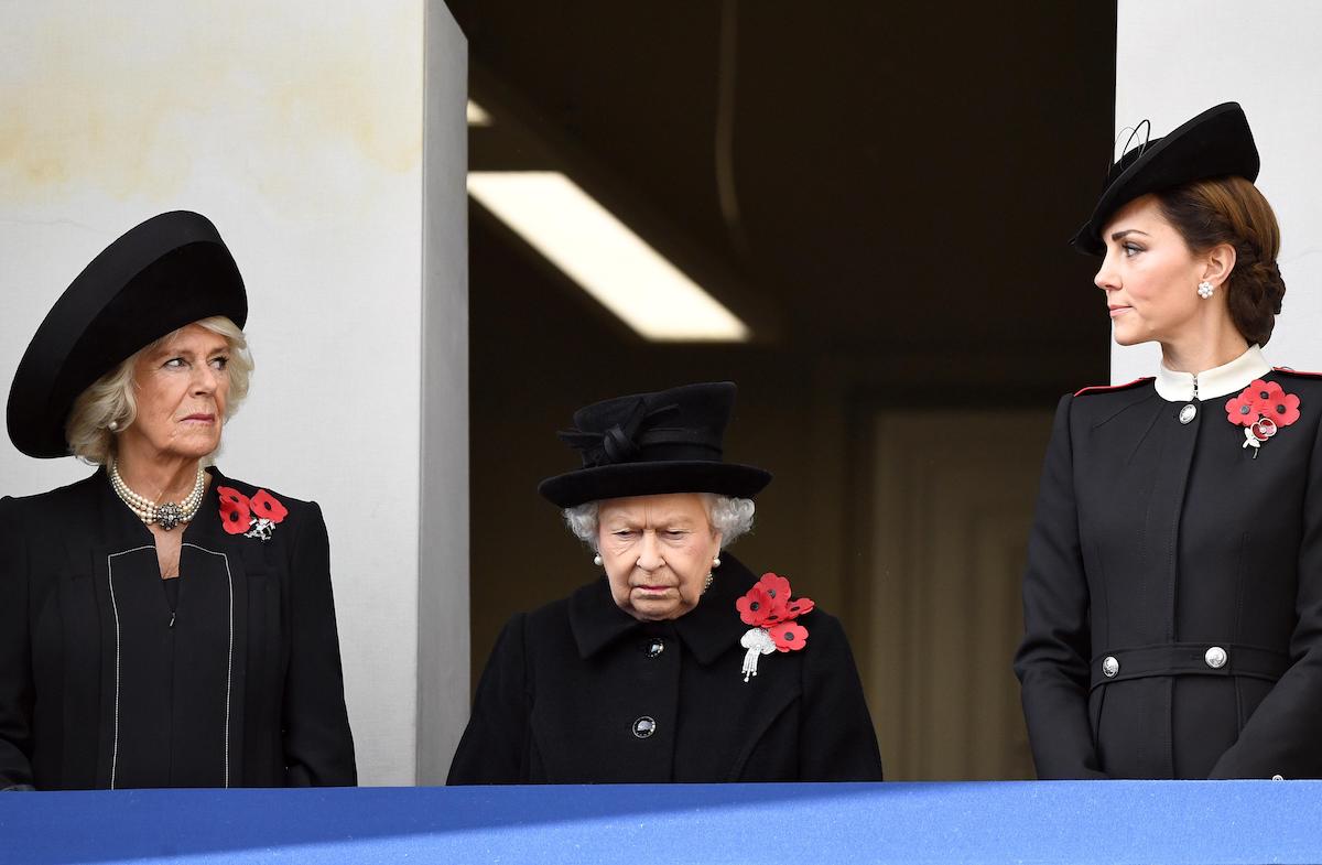 Queen Elizabeth II accompanied by Camilla and Kate Middleton at the Remembrance Sunday and the Centenary of the Armistice in 2018