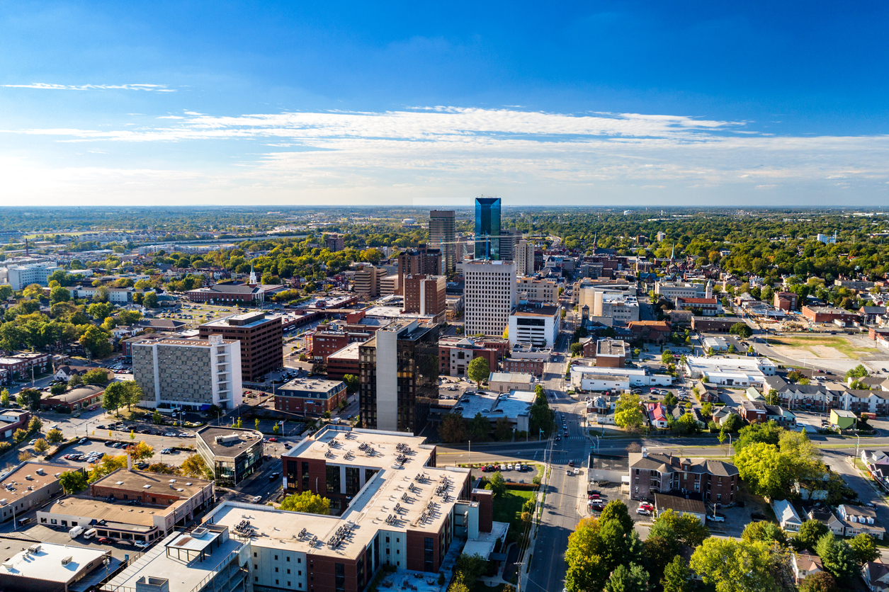 An aerial view of downtown Lexington, Kentucky on a clear day