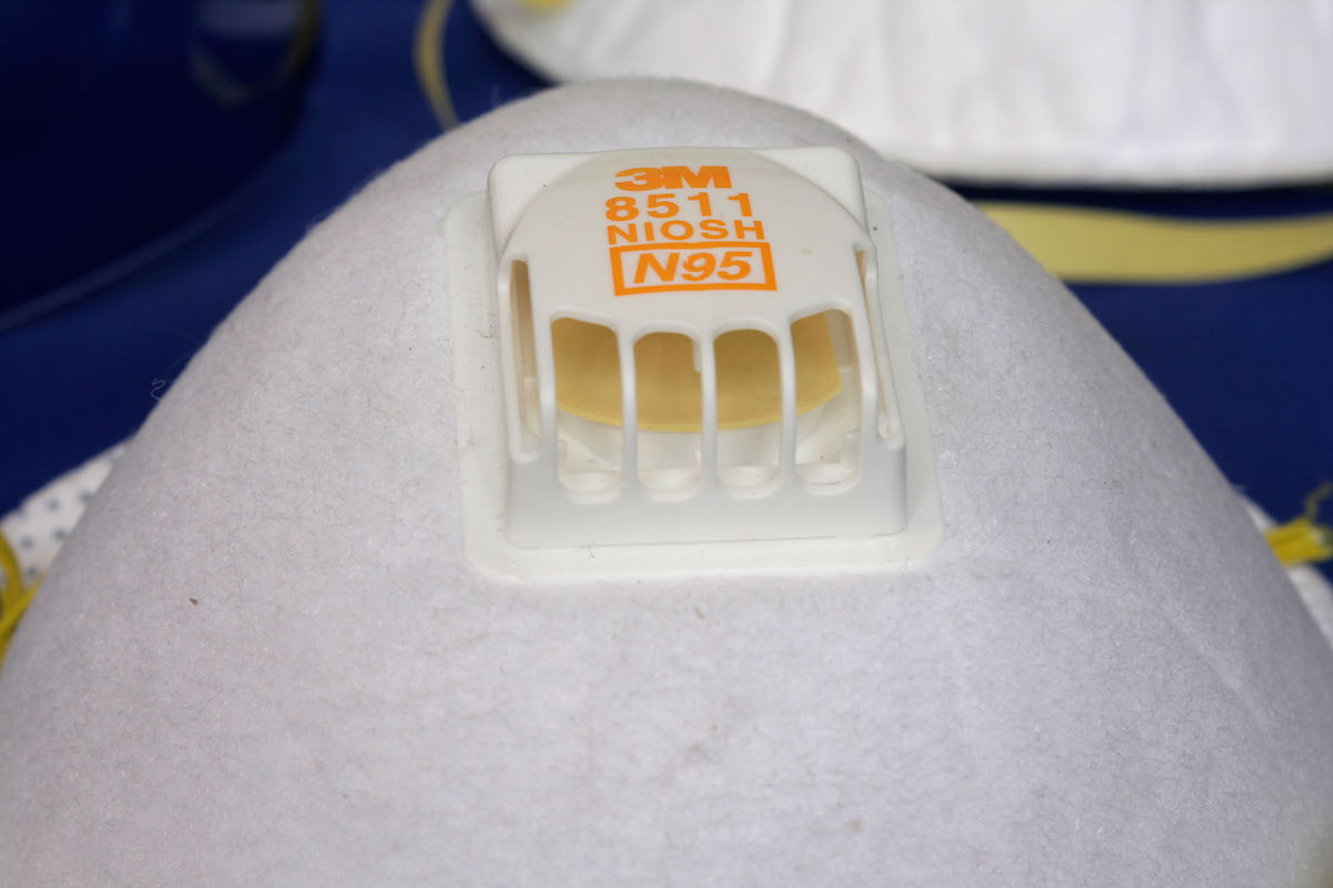 closeup of respirator on NIOSH certified dusk N95 mask