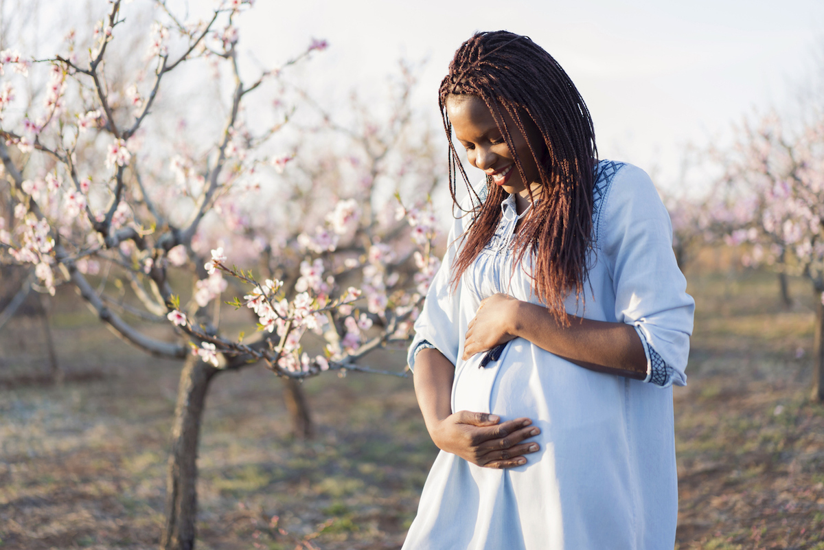 Portrait of black woman enjoying her pregnancy at the orchard in bloom
