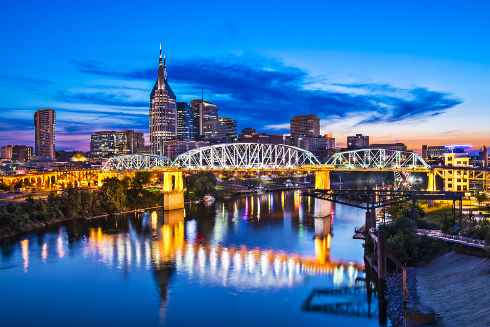 A view of downtown Nashville, Tennessee at the Shelby Street Bridge.