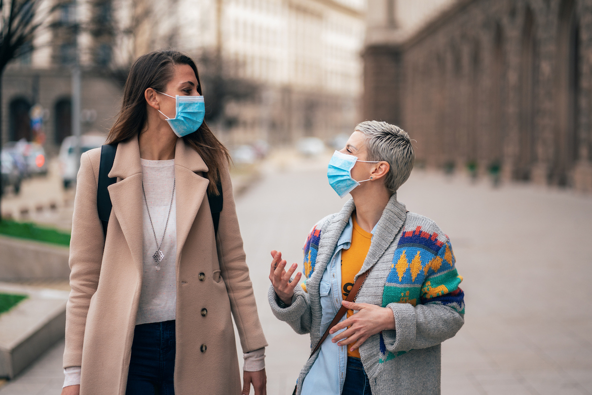 Two friends meet outside on the city street wearing face protective masks to prevent Coronavirus