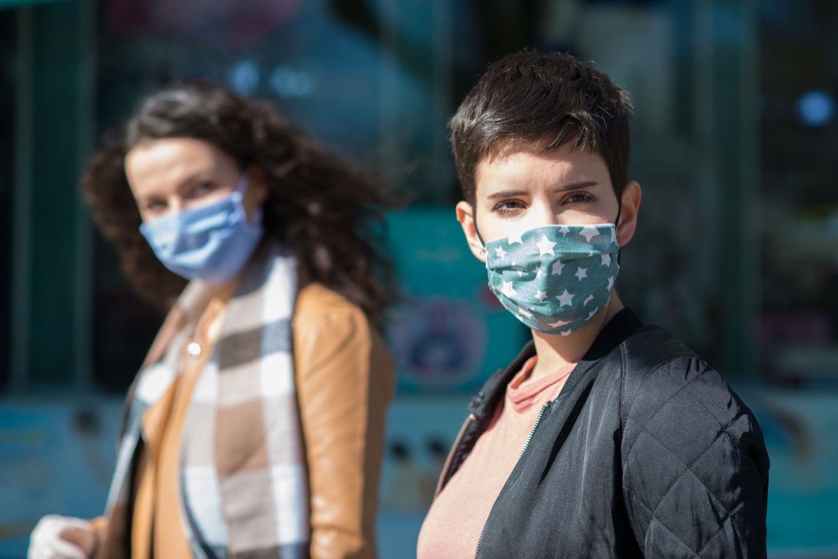 Women In Town Wearing Protective Face Masks and protective gloves during COVID-19 pandemic.