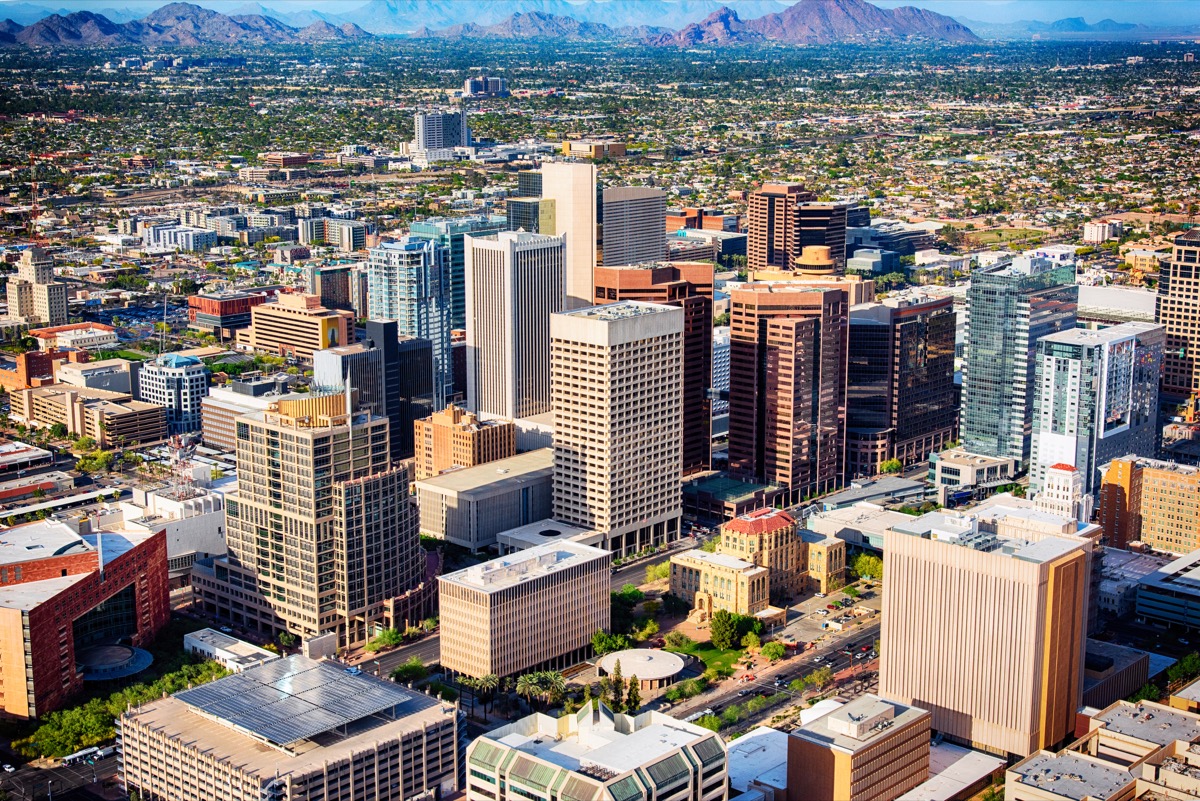 An aerial view of downtown Phoenix, Arizona and the surrounding urban area.
