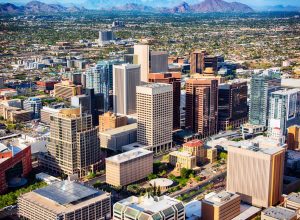 An aerial view of downtown Phoenix, Arizona and the surrounding urban area.