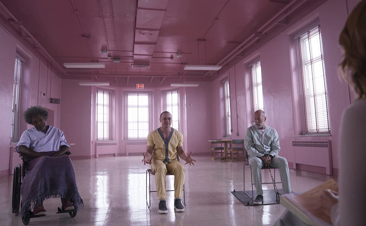 Samuel L. Jackson, James McAvoy, and Bruce Willis in Glass