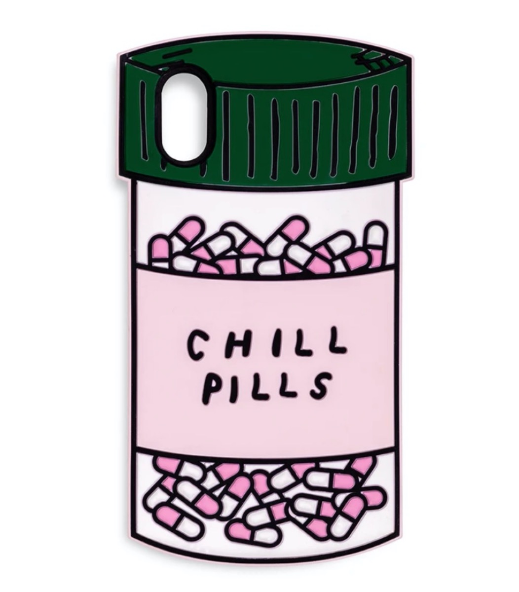 silicone phone case that looks like a pill bottle and reads "chill pills"