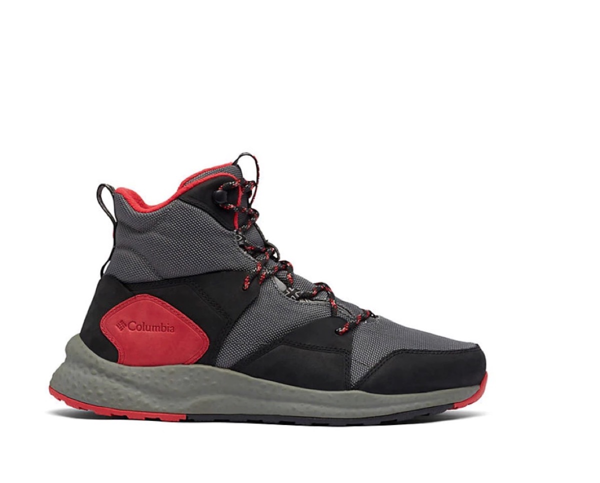 gray, black, and red sneaker boot