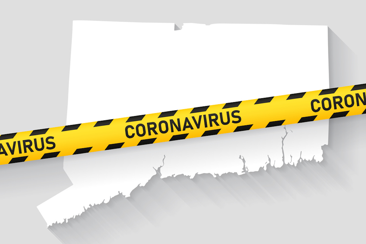 Map of Connecticut with a coronavirus warning tape