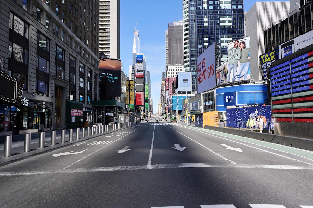 New York Times Square during Coronavirus outbreak, mostly empty